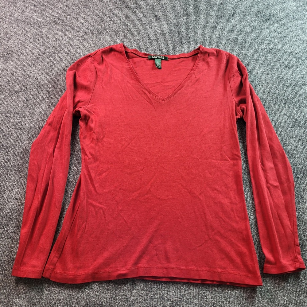 Lauren Ralph Lauren Womens Long Sleeve V Neck Red Cotton T Shirt Top L